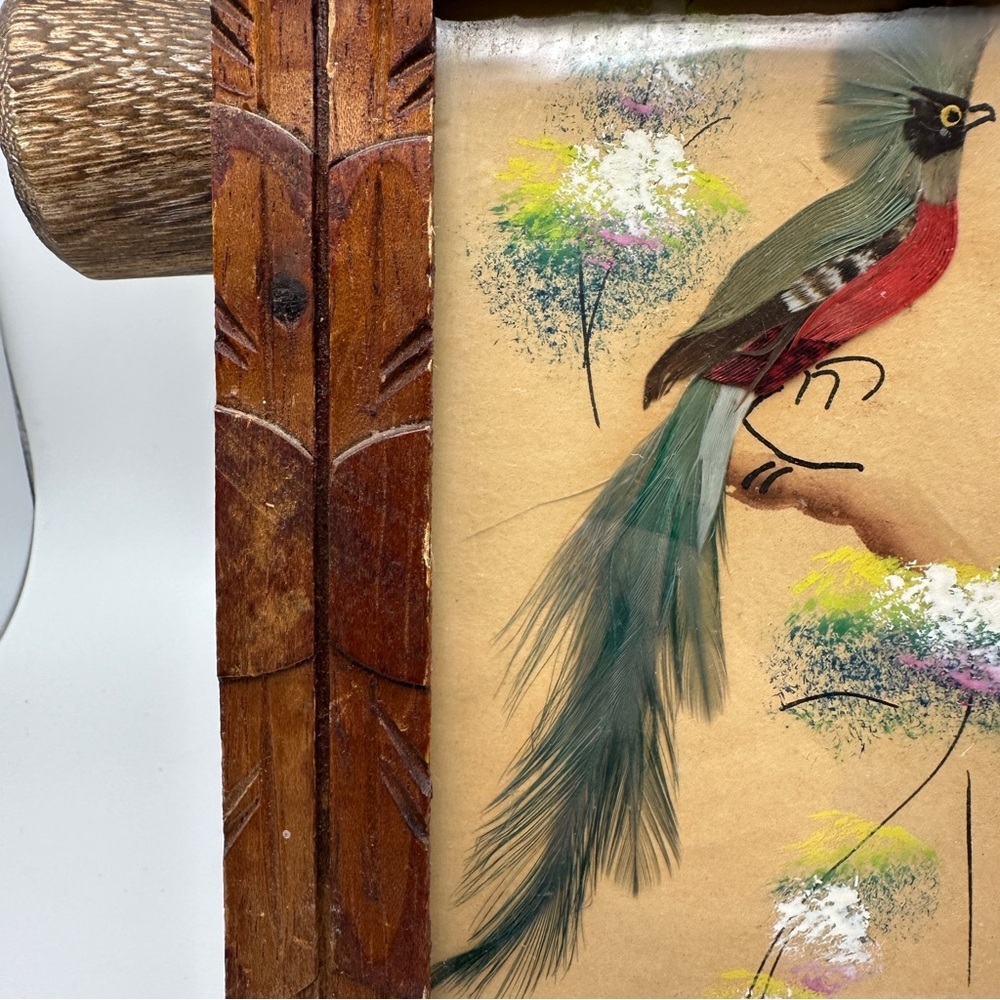 Vibrant Vintage Mexican Folk Art Feather Craft Blue Bird Picture Carved Frame - Picture 7 of 14